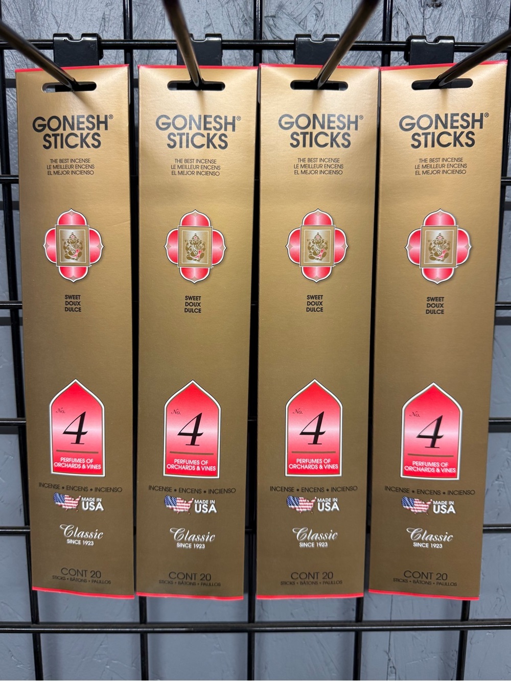 Gonesh Classic Sticks Incense -No. 4  Or hide & Vines (4 packs -total 80 sticks)